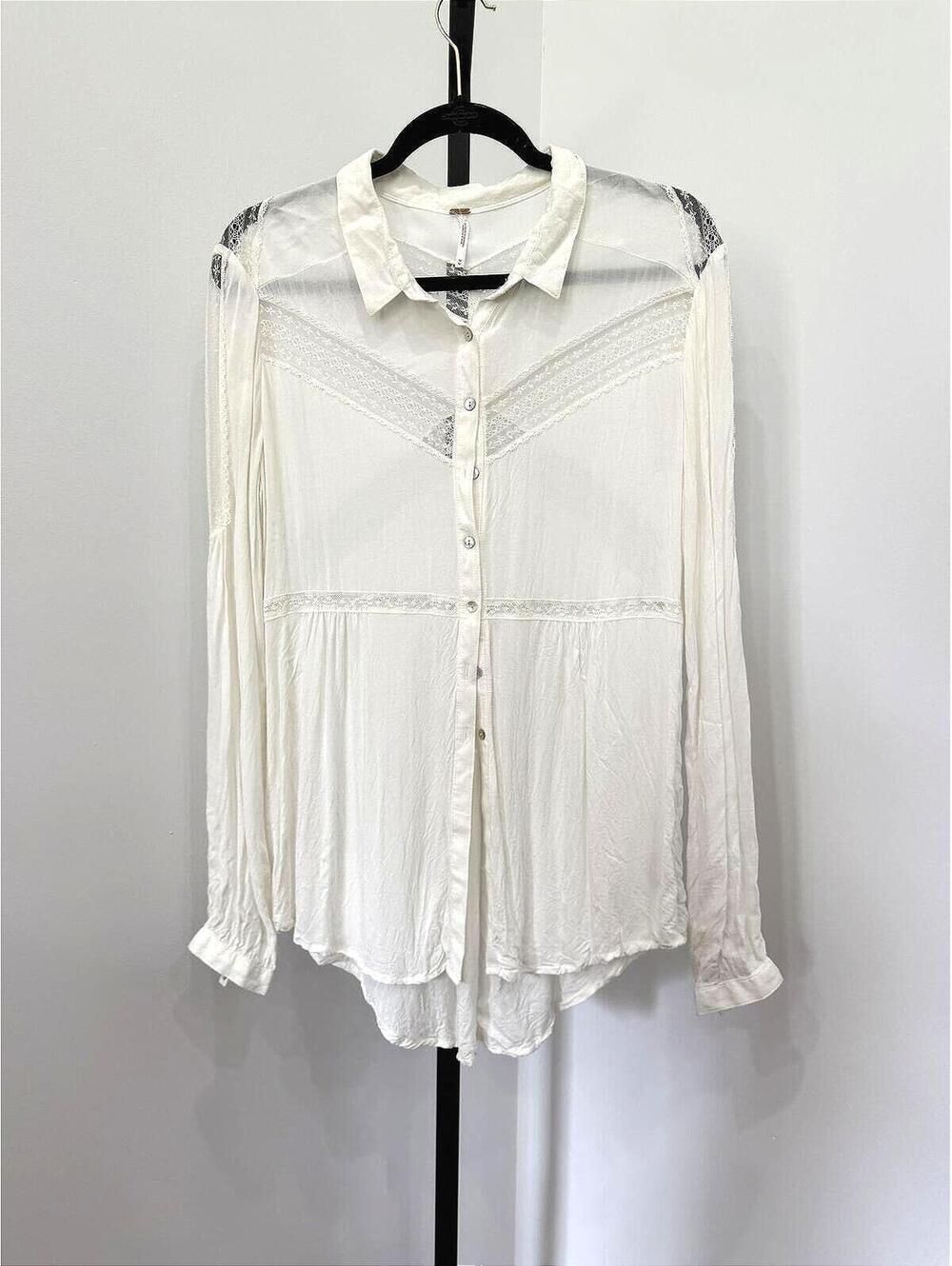 Free People White Lace Button-Up Blouse Size M